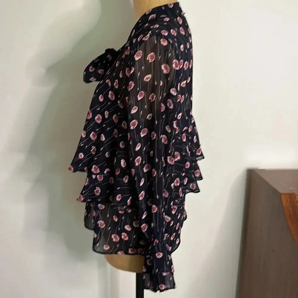 Misa Los Angeles sz XS navy floral print blouse with ruffles tie at chest EUC - Picture 5 of 9